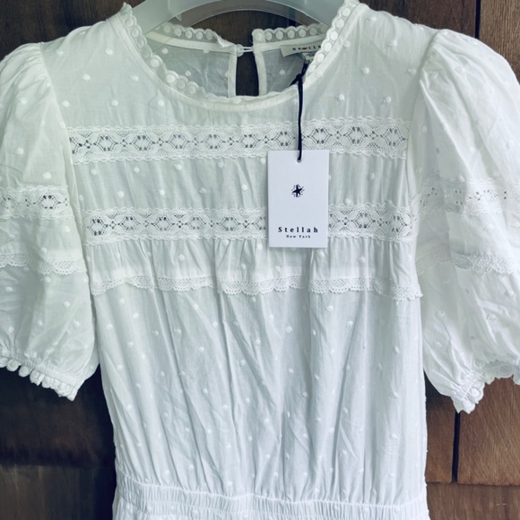 Stellah White Cotton Swiss Dot Dress M Puff Sleeve Lace Trim Tiered Skirt - Picture 4 of 16